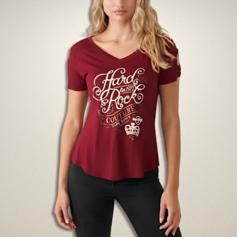Hard Rock Couture Cape Town‎ Burgundy V-Neck T-Shirt Cutout Sleeve